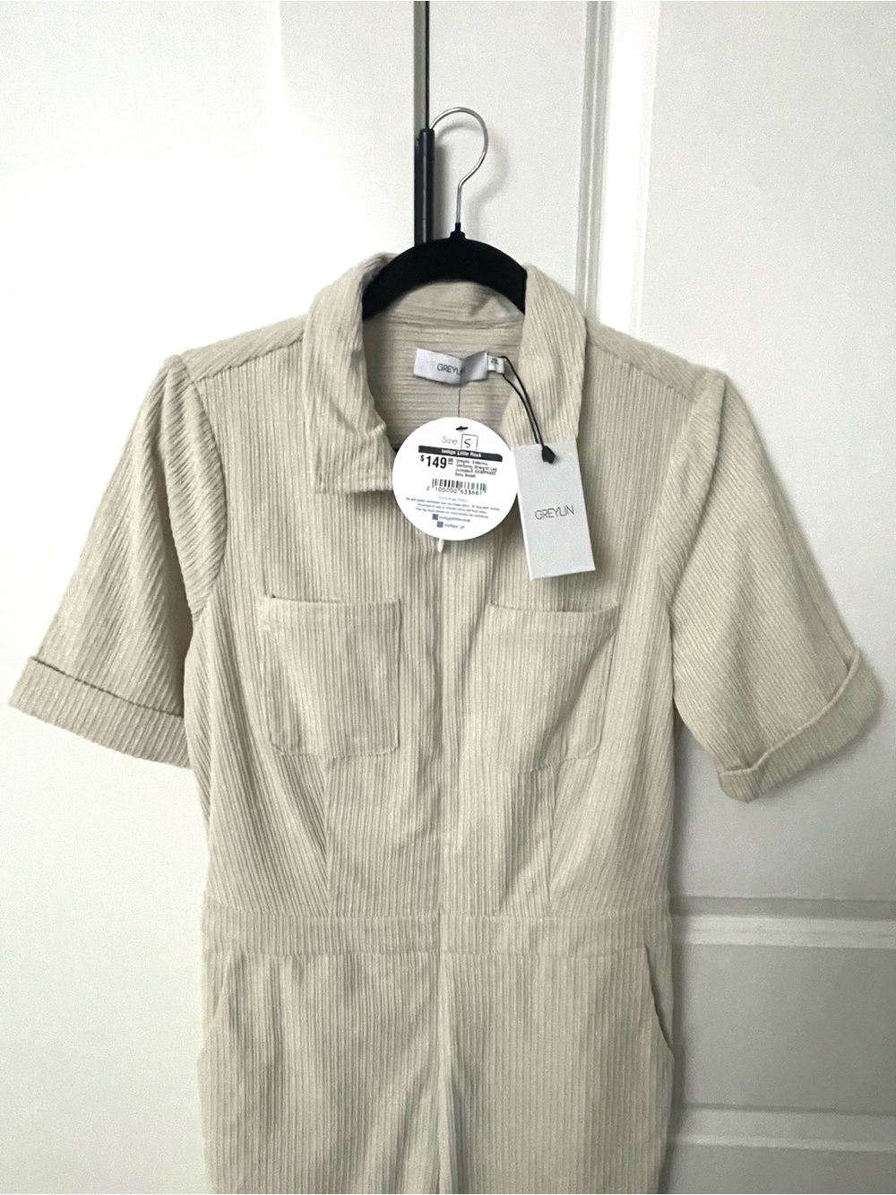 Greylin Cream Short-Sleeve Corduroy Jumpsuit